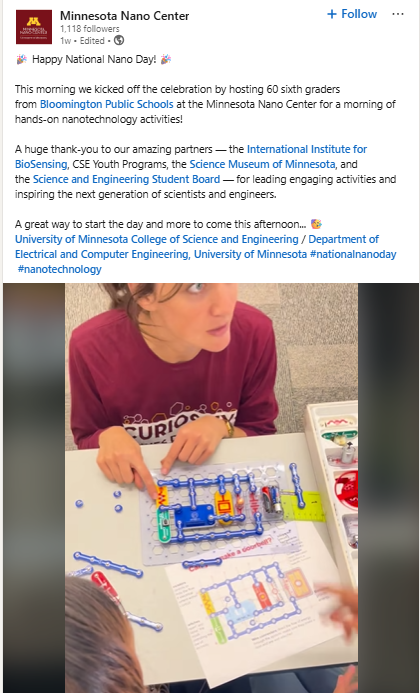 The Minnesota Nano Center coordinated hands-on activities for 60 6th graders