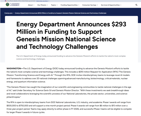 Energy Department Announces $293 Million in Funding to Support Genesis Mission National Science and Technology Challenges